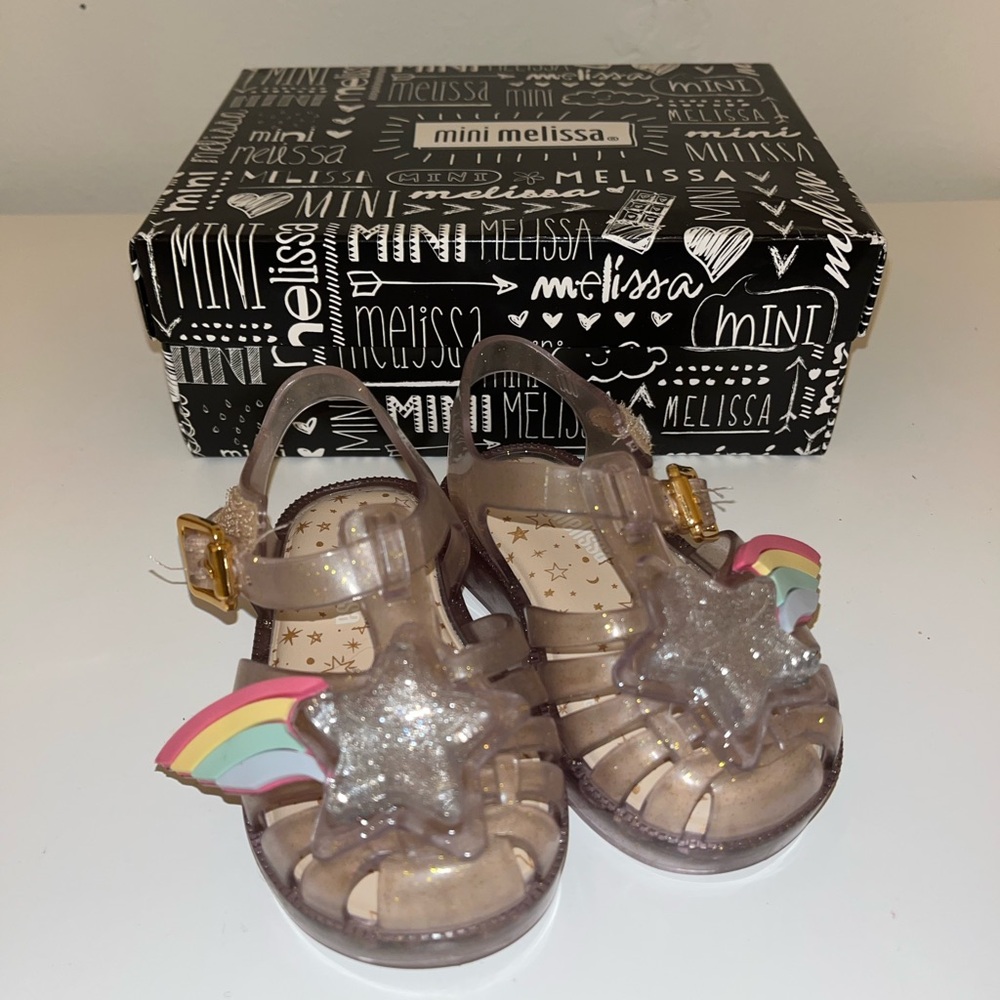 Mini Melissa Gold/Silver star rainbow Sandals Sparkle Size 5